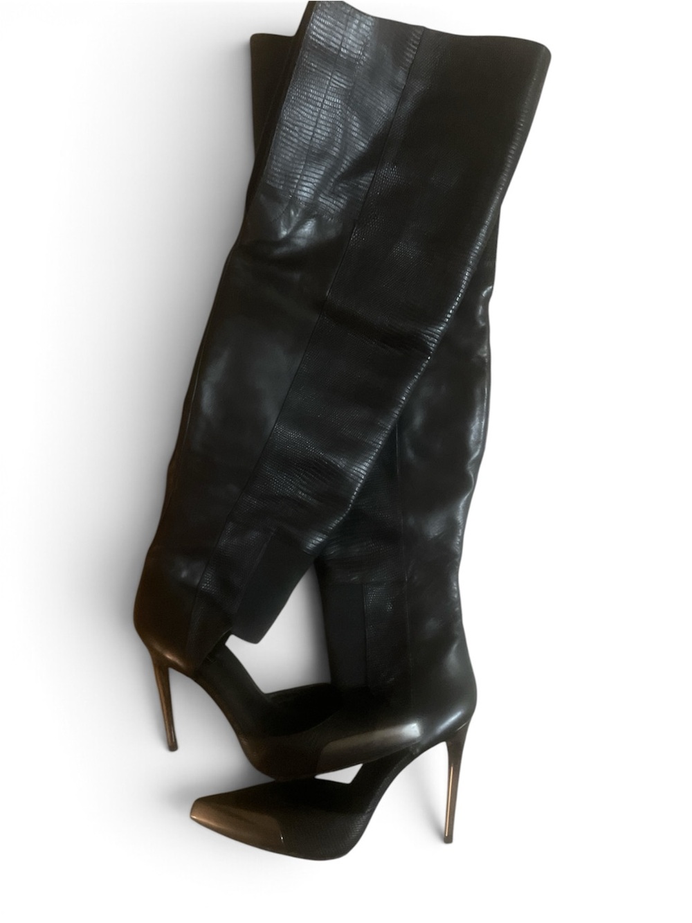 BCBG Max Azria Runway Black Lizard Knee-High Shoe Stiletto Boots - 8.5